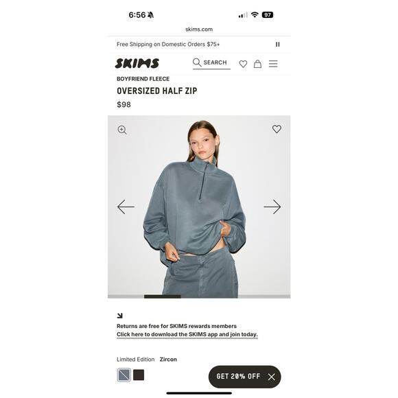 Skims Boyfriend Fleece Half Zip Pullover Size Small Zircon - Picture 1 of 4